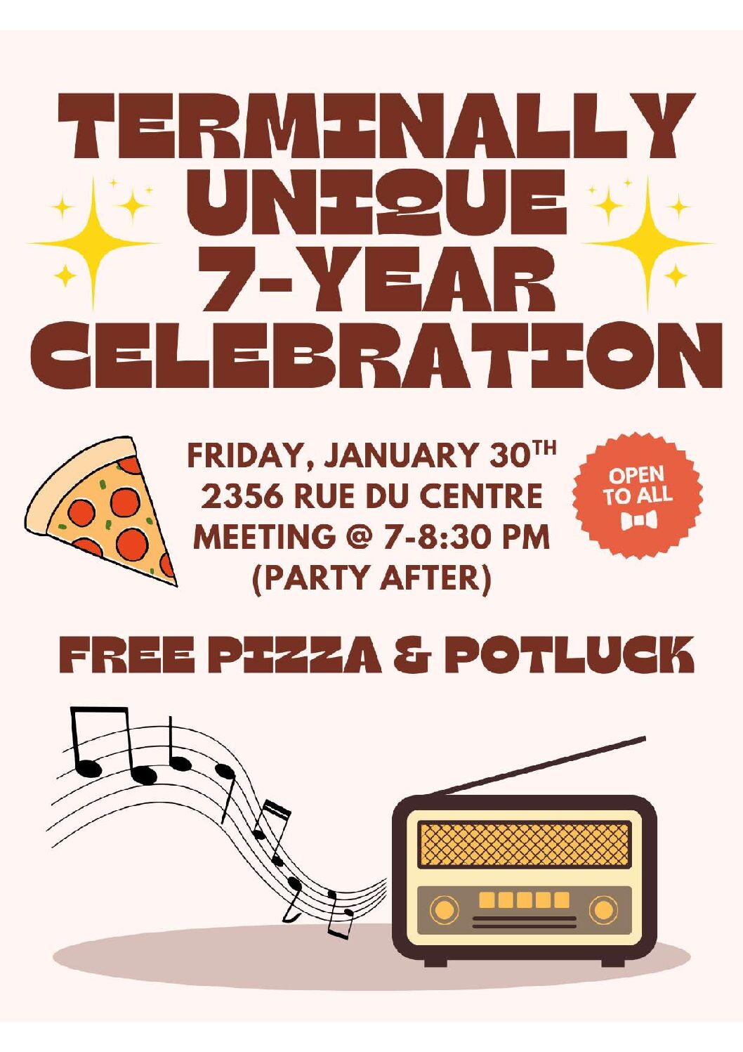 Terminally Uniqaue Pizza Party Friday 30 Jan